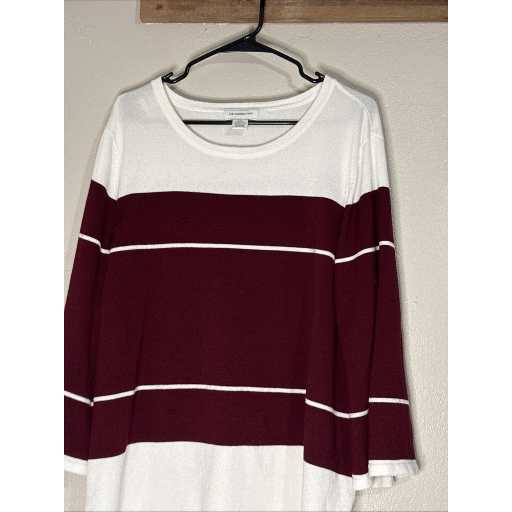 Liz Claiborne Sweater Women's Plus Size XXL Burgundy White Striped Long Sleeve - Picture 2 of 5